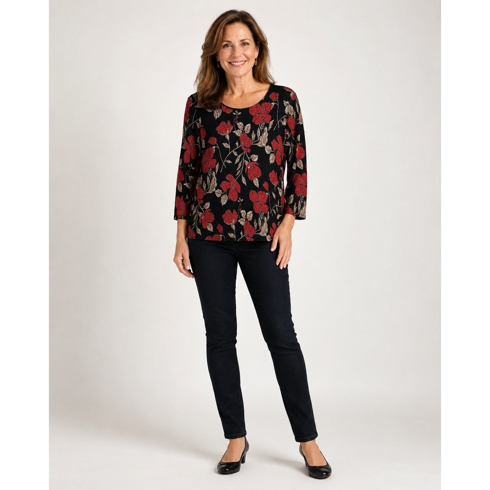 Vintage Notations Top Womens XL Black Red Flower Whimsigoth Vamp Fall Textured